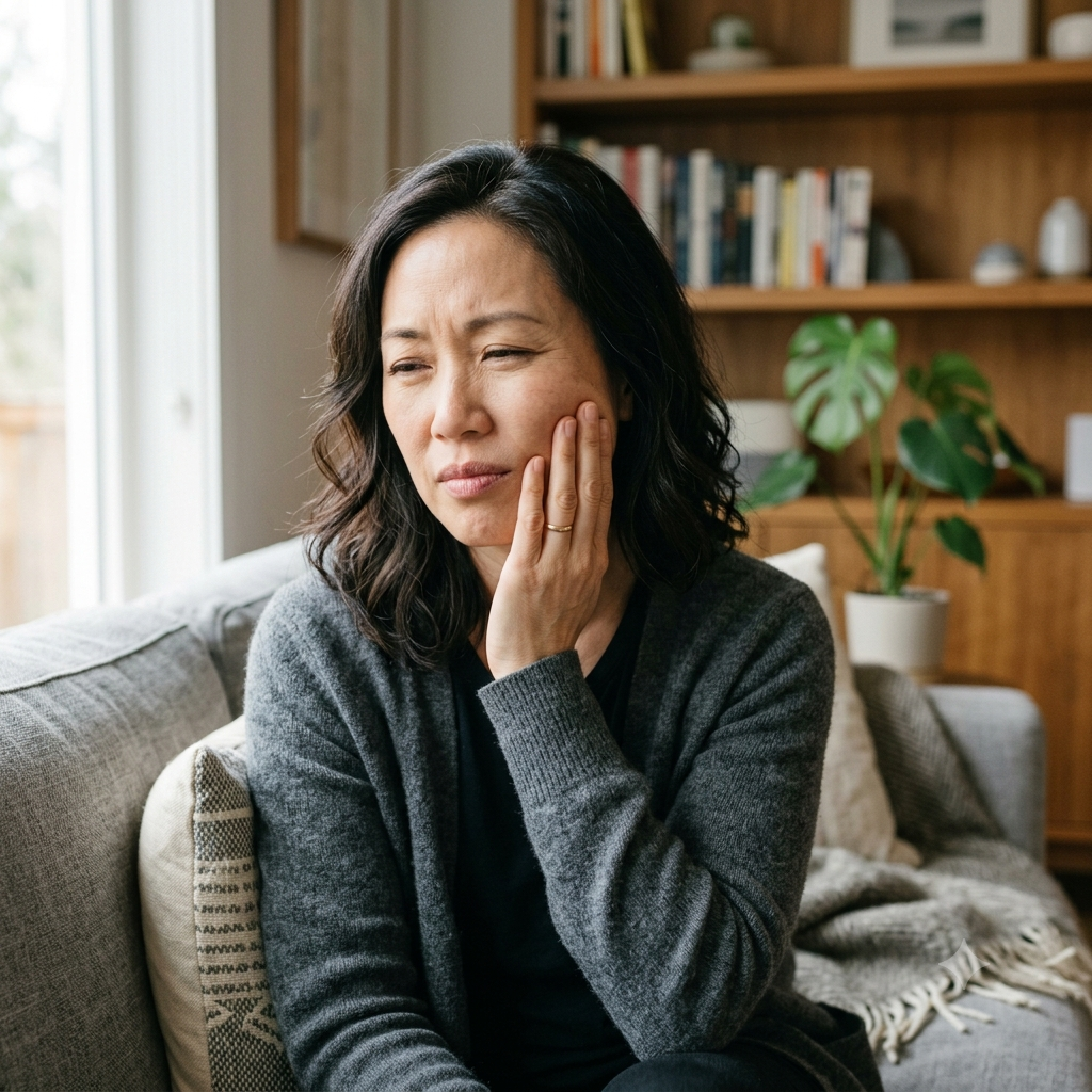 Femme ressentant une douleur dentaire et tenant sa joue